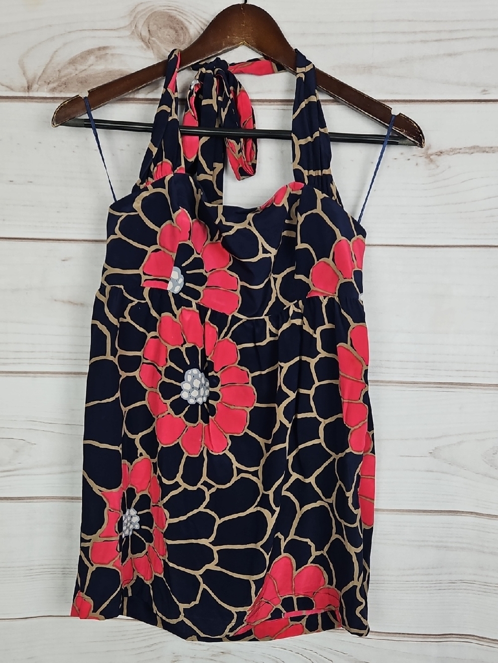 Tabitha Anthropologie 100% Silk Halter Top Size 6 Navy Floral